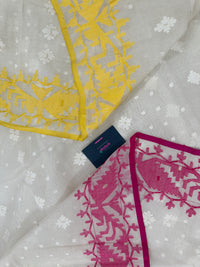 White cotton gonga jamuna design jamdani saree with pink & yellow threads work.