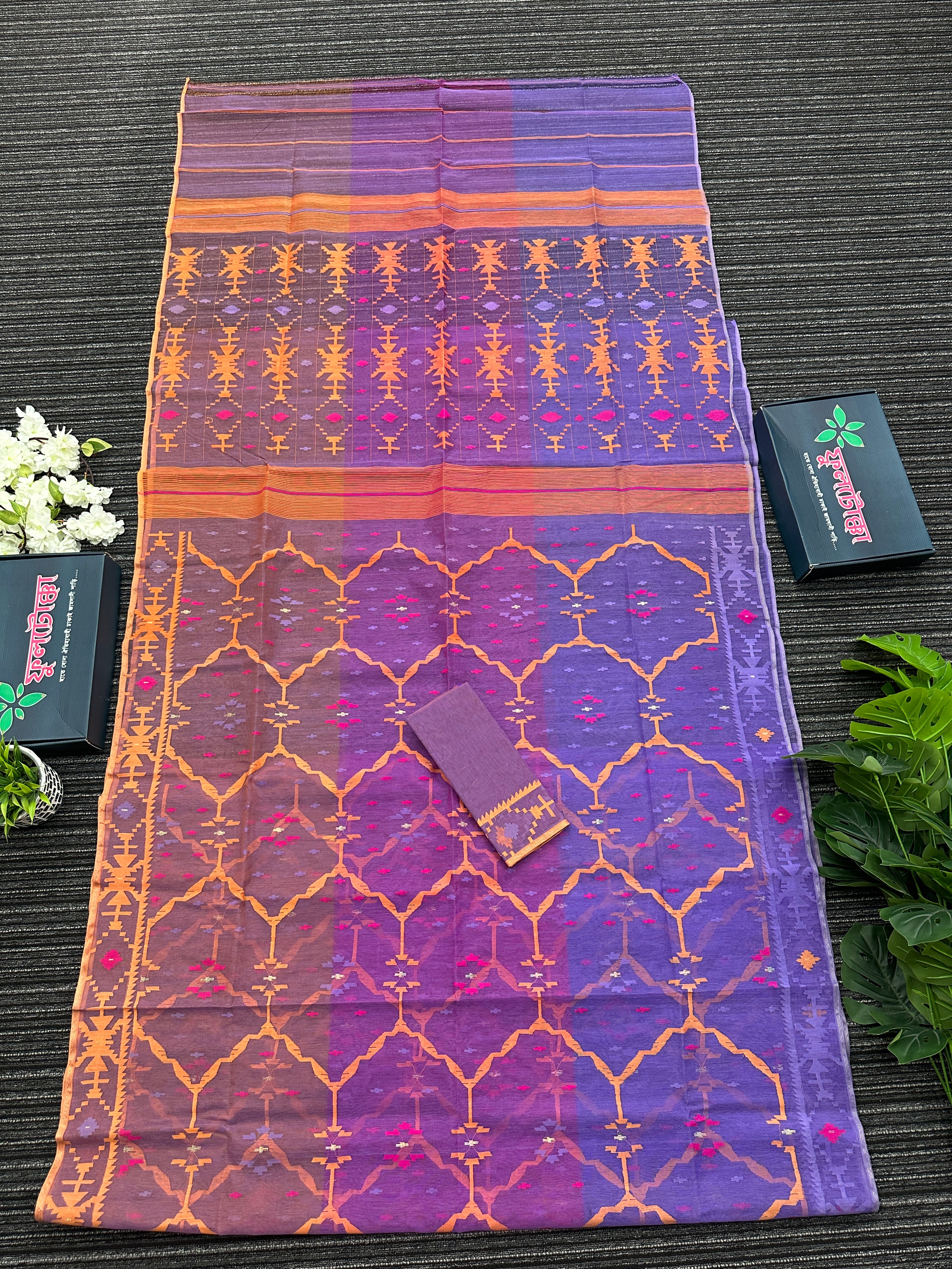 Tripple shaded dual toned halfsilk jamdani saree with orange pink purple threads work