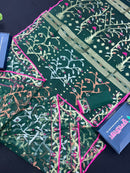 Green Colour Original Handloom Halfsilk Dhakai Jamdani With Golden Silver & Copper Jori Work