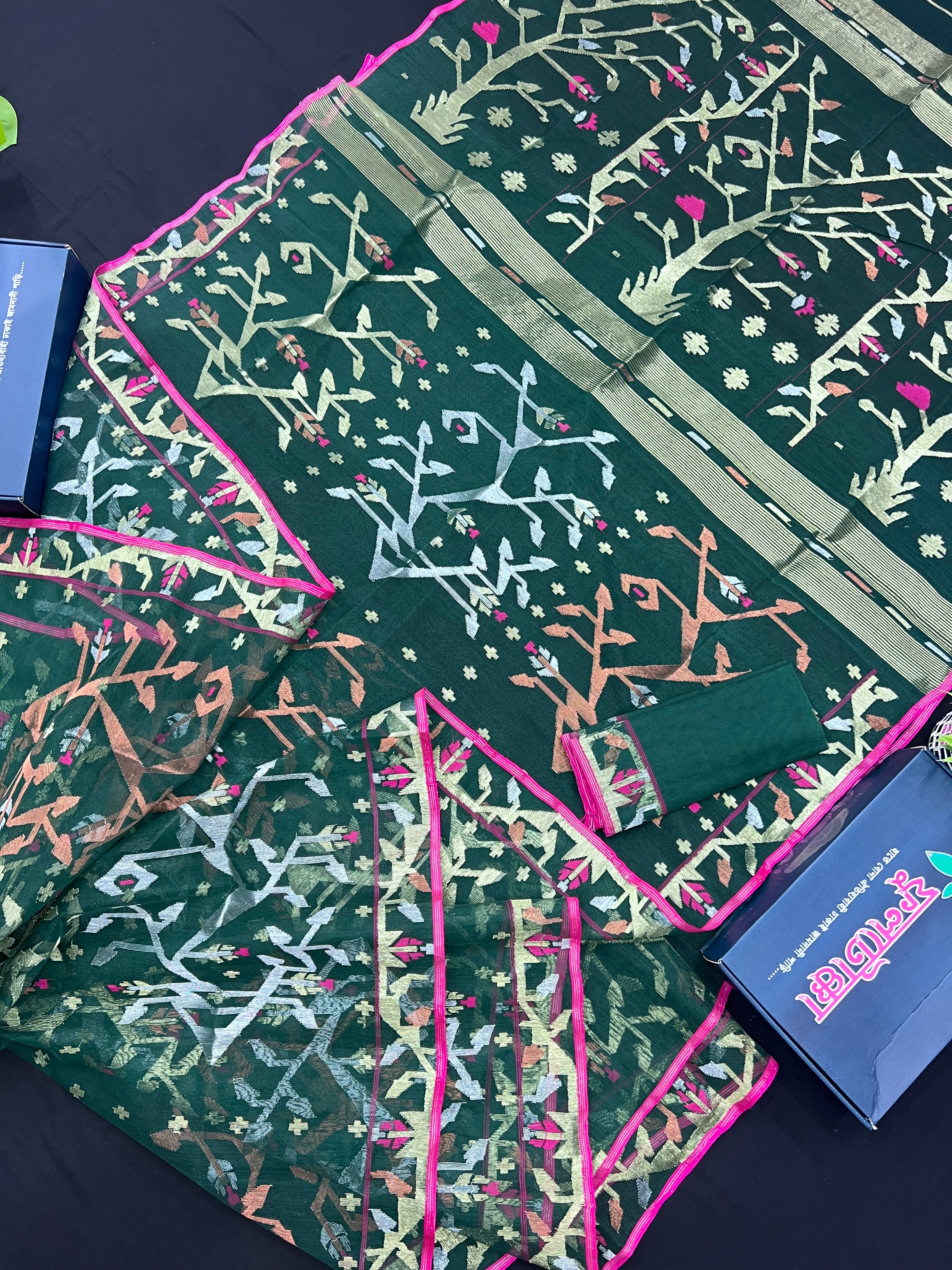 Green Colour Original Handloom Halfsilk Dhakai Jamdani With Golden Silver & Copper Jori Work