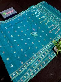 Sea green budget range jamdani saree with golden silver & copper jori work.
