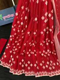 Radish Maroon cotton jamdani saree with white threads work all over work.