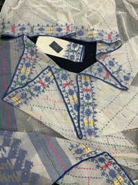 White cotton jamdani saree with blue yellow red green threads work& blouse piece.