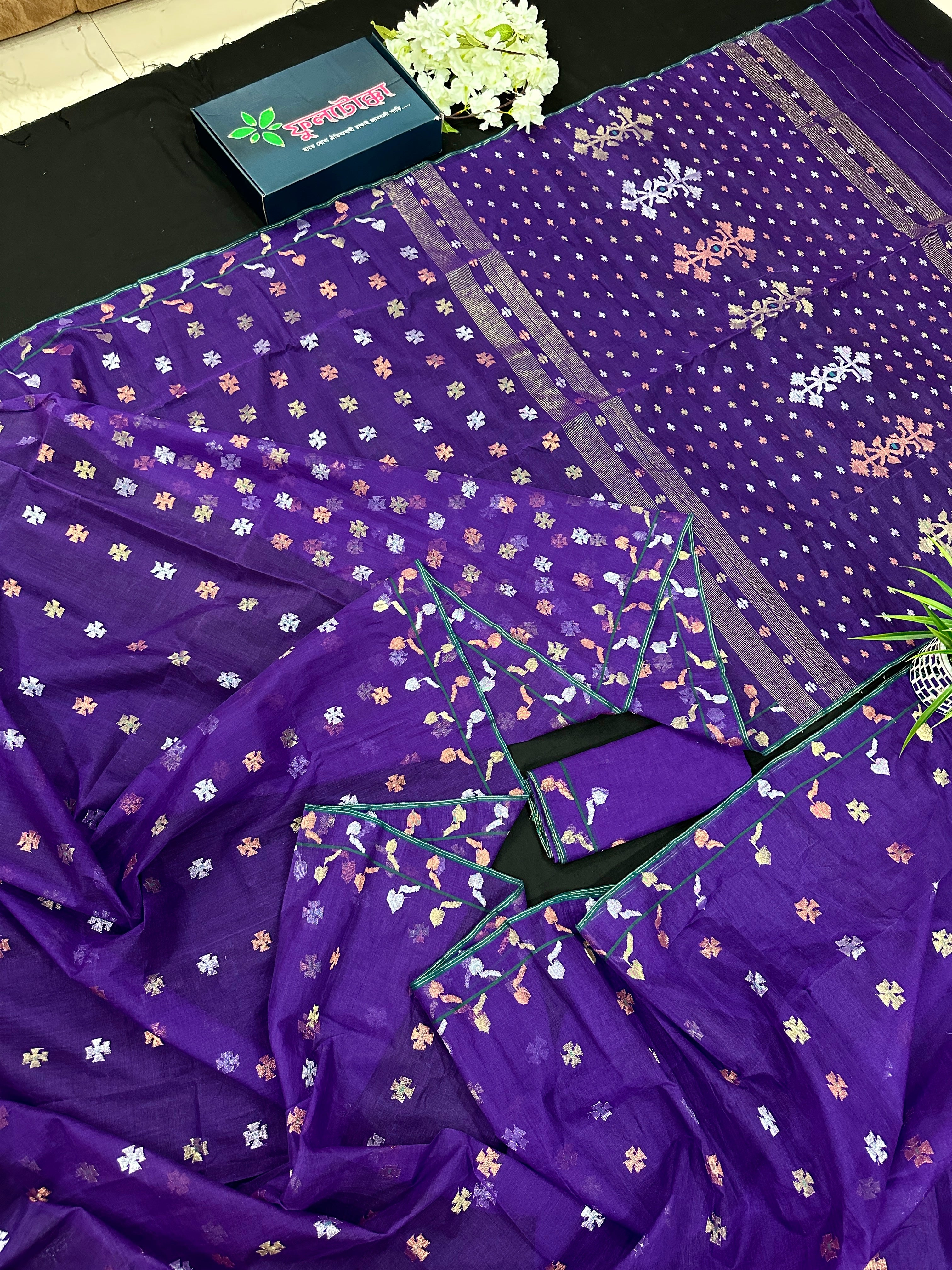 Purple halfsilk jamdani saree golden silver & copper jori work all over soft count.