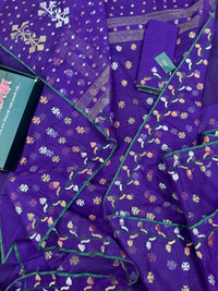 Purple halfsilk jamdani saree golden silver & copper jori work all over soft count.