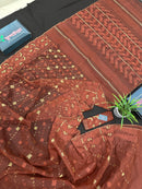 Mehendi brown jamdani saree with golden work.