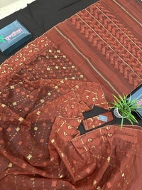 Mehendi brown jamdani saree with golden work.