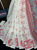 Pure white cotton jamdani saree with red blue green yellow multiple threads work