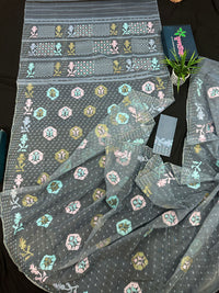 Ash jamdani saree with pink blue and with threads work and golden jori work.