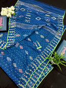 Sea blue dhakai jamdani saree with golden silver & copper jori work soft count.
