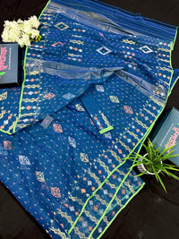 Sea blue dhakai jamdani saree with golden silver & copper jori work soft count.