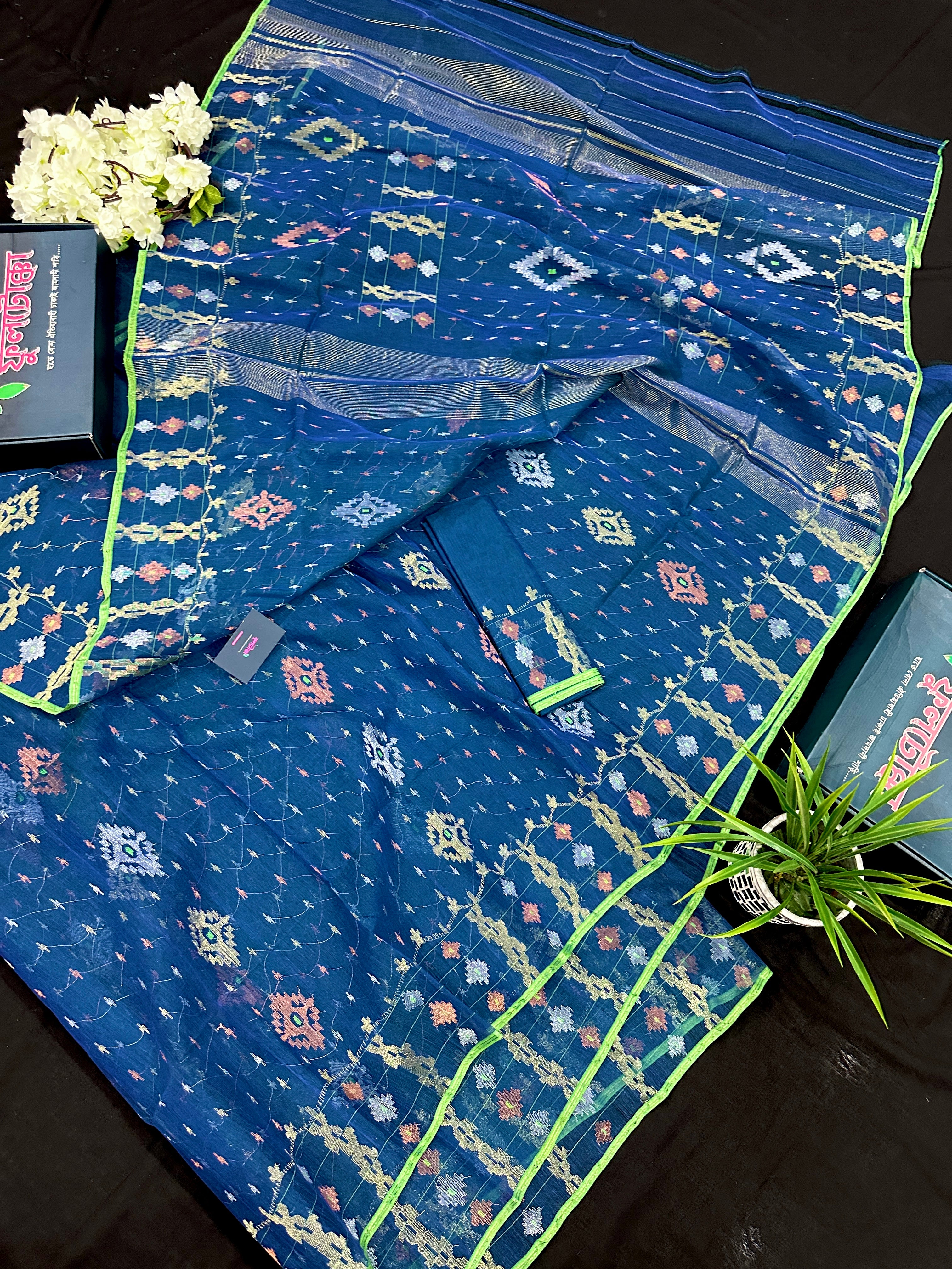 Sea blue dhakai jamdani saree with golden silver & copper jori work soft count.