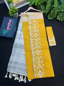 Yellow Original Handloom Halfsilk Dhakai Jamdani Saree With Self Threads Work & White Threads Work