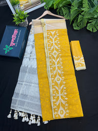 Yellow Original Handloom Halfsilk Dhakai Jamdani Saree With Self Threads Work & White Threads Work