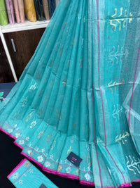 Aqua blue halfsilk handloom original dhakai jamdani saree with golden silver & copper jori work