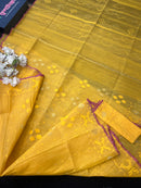 Yellow colour handloom halfsilk dhakai jamdani saree with pink border