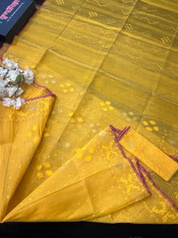 Yellow colour handloom halfsilk dhakai jamdani saree with pink border