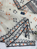 White cotton jamdani saree with orange & black threads work.