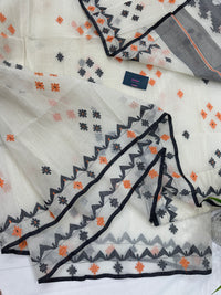 White cotton jamdani saree with orange & black threads work.