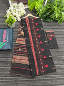 Black halfsilk jamdani saree with red paar and copper jori work