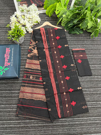 Black halfsilk jamdani saree with red paar and copper jori work