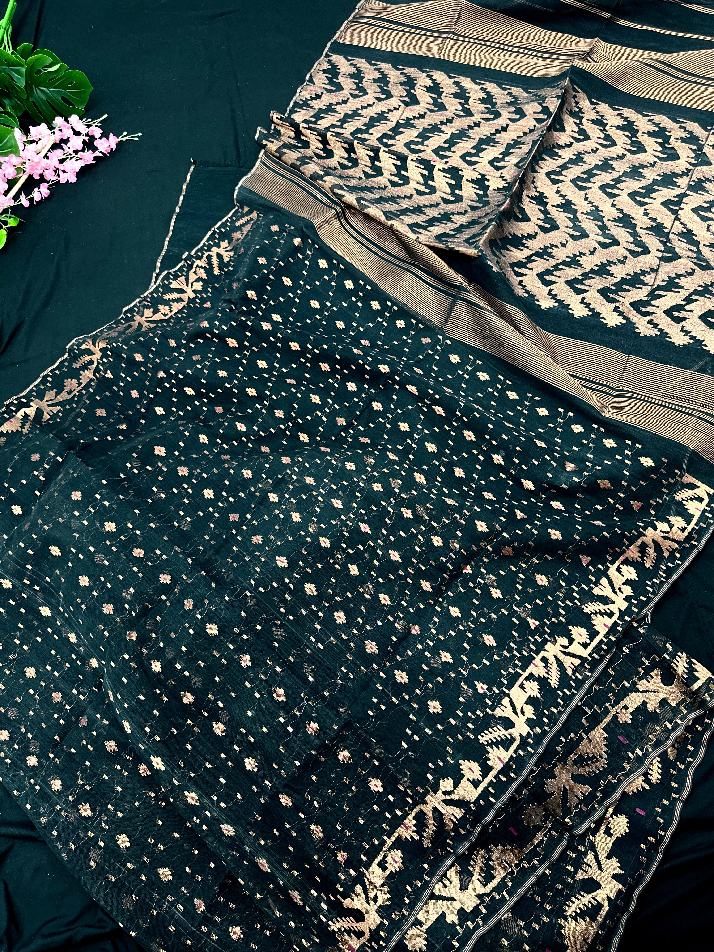 Black With Copper Jori Work  Jamdani Saree.