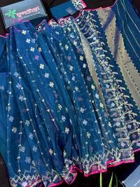 Peacock blue jamdani saree with golden silver copper jori work and pink border