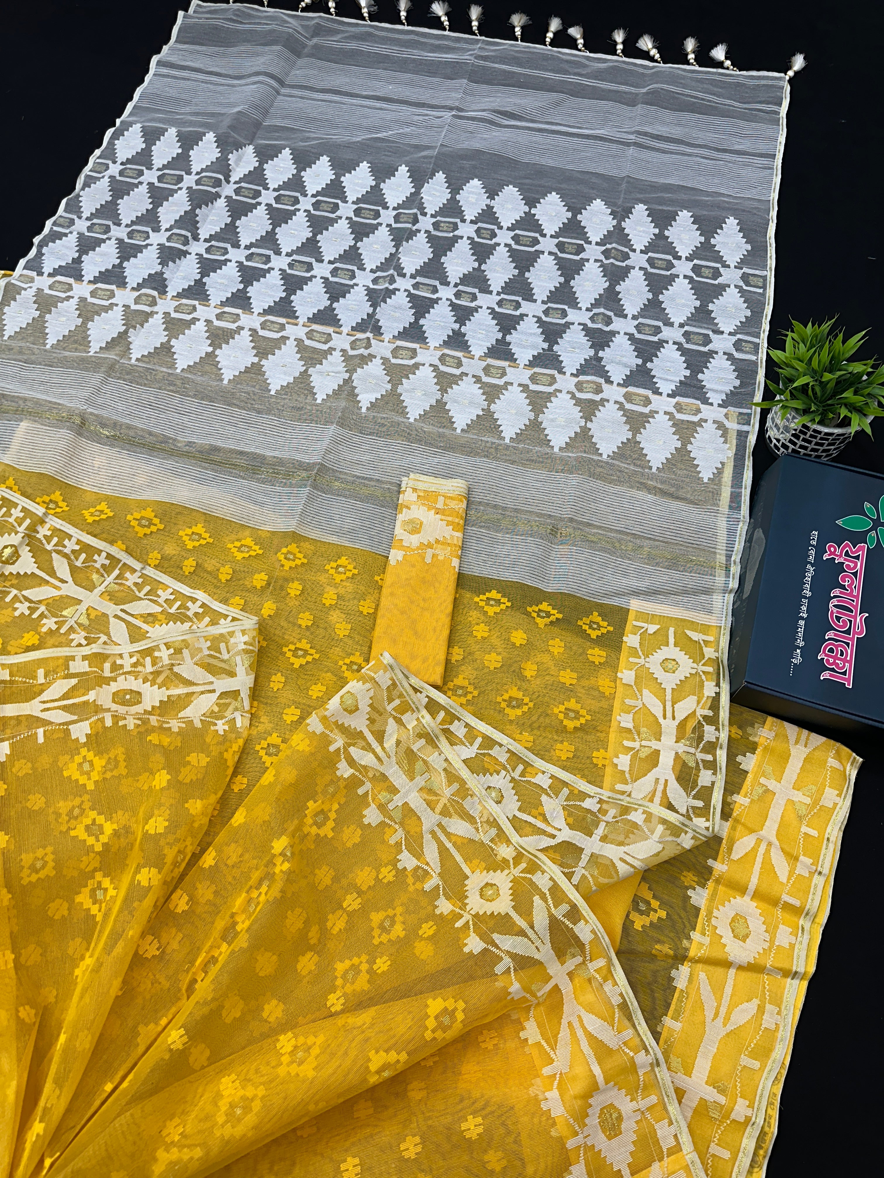 Yellow Original Handloom Halfsilk Dhakai Jamdani Saree With Self Threads Work & White Threads Work