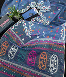 Dusty blue jamdani saree with pink white blue green work and white paar.