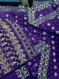Violate purple jamdani saree all over golden silver and copper jori work.