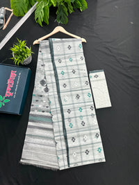 White cotton jamdani saree white black green threads work