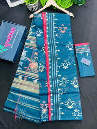 Blue Colour Original Handloom Halfsilk Dhakai Jamdani Saree With Golden Silver & Copper Jori Work