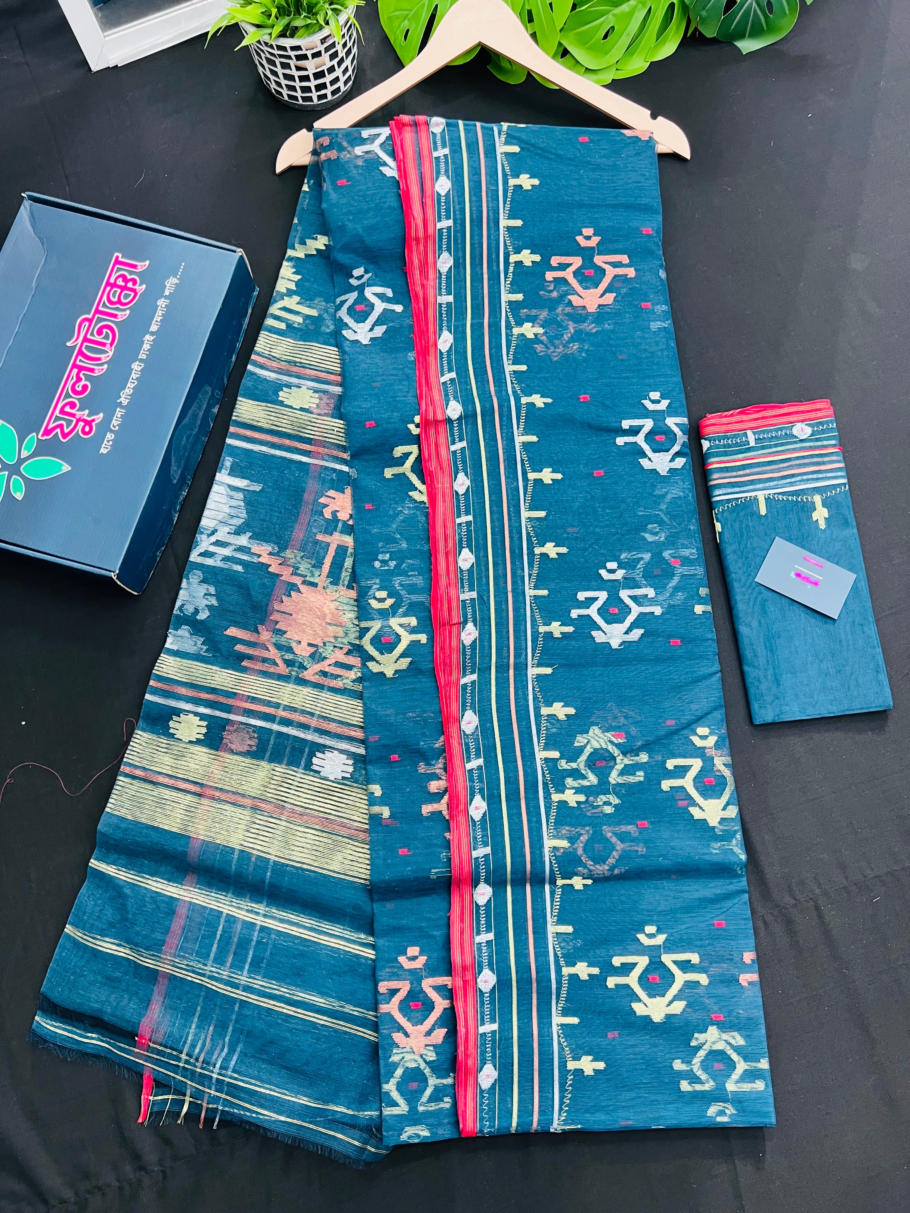 Blue Colour Original Handloom Halfsilk Dhakai Jamdani Saree With Golden Silver & Copper Jori Work