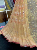 Peach Golden halfsilk exclusive jamdani saree with golden silver & copper jori work
