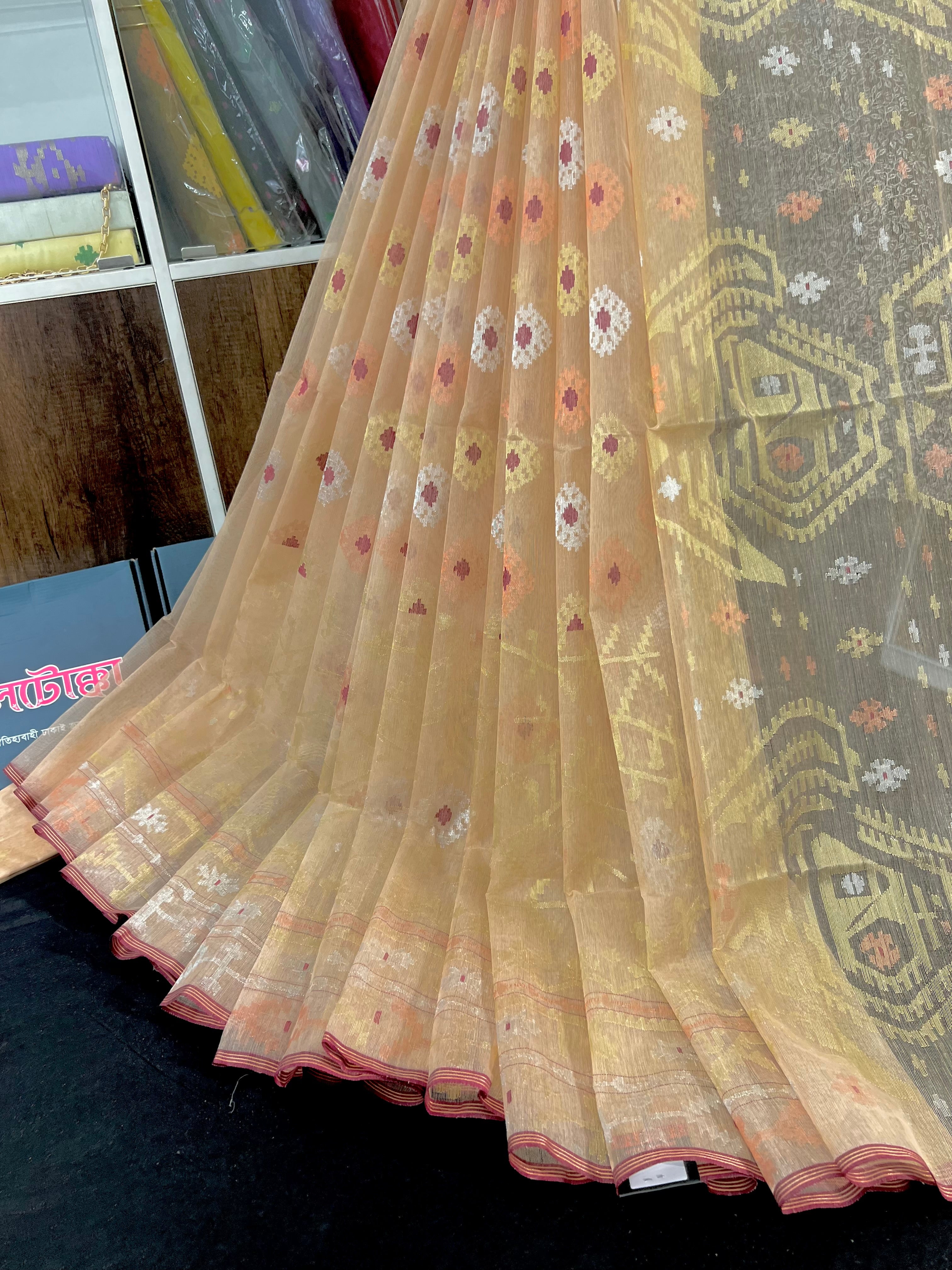 Peach Golden halfsilk exclusive jamdani saree with golden silver & copper jori work