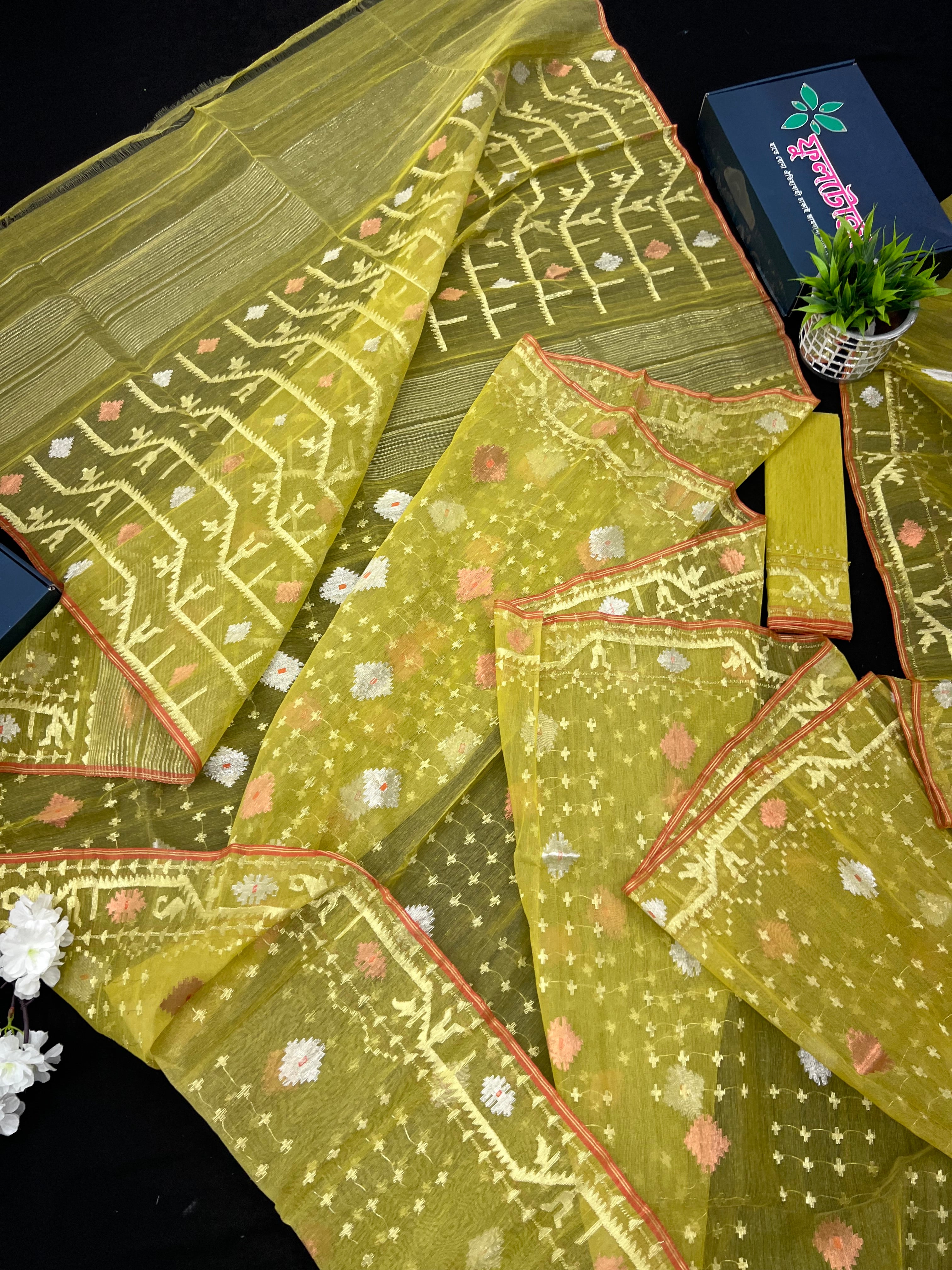 Yellowish Olive Original Handloom Halfsilk Dhakai Jamdani Saree With Golden Silver & Copper Jori Work