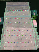 Baby pink jamdani saree with blue pink green threats work and blouse piece.