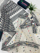 White cotton jamdani saree with black red yellow green threads work & blouse piece.