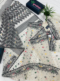 White cotton jamdani saree with black red yellow green threads work & blouse piece.