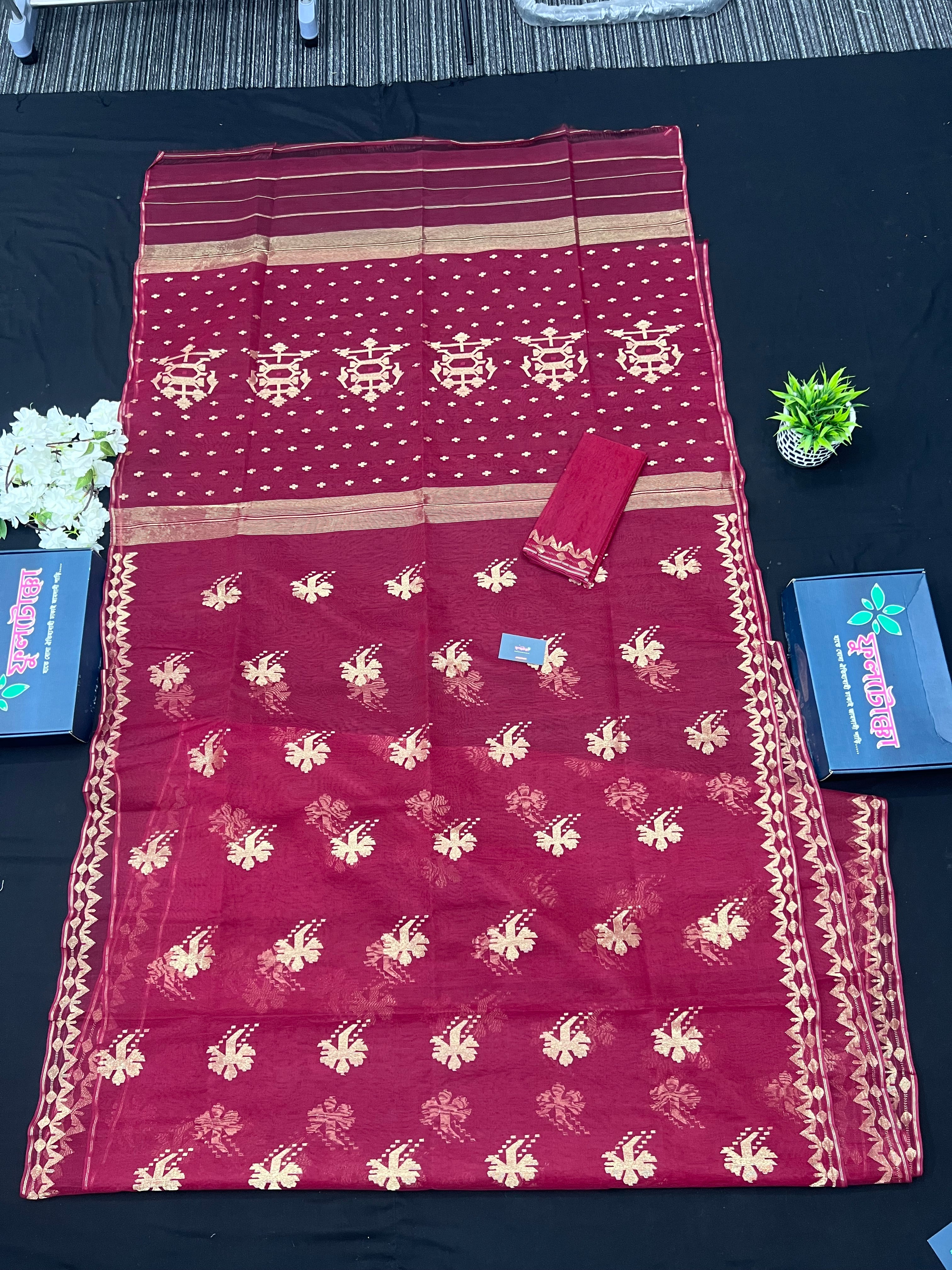 Maroon With Golden Original Handloom Halfsilk Dhakai Jamdani