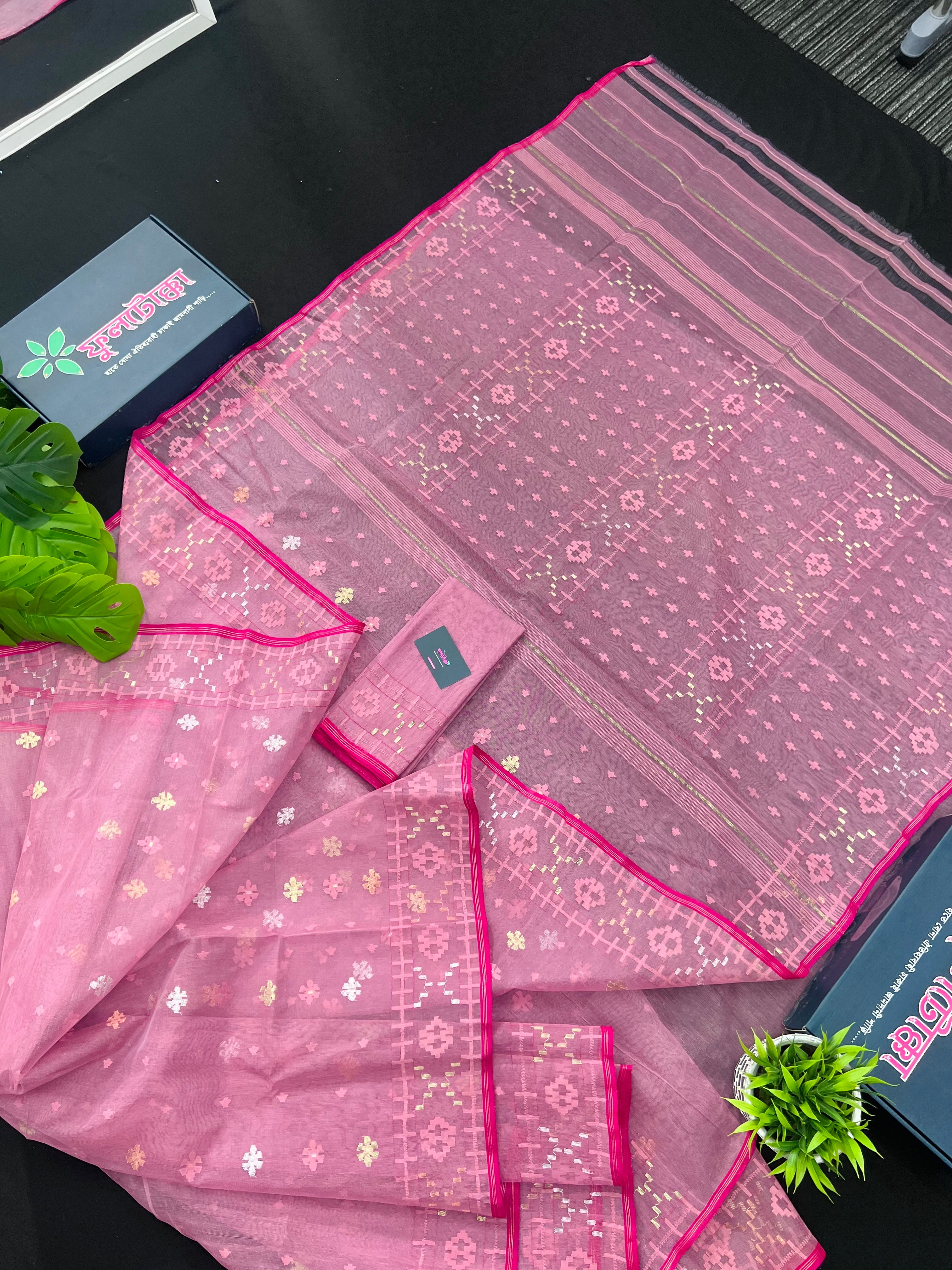 Pink colour handloom halfsilk original dhakai jamdani saree with golde jori work & self threads work
