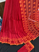 Red cotton jamdani saree with orange threads work