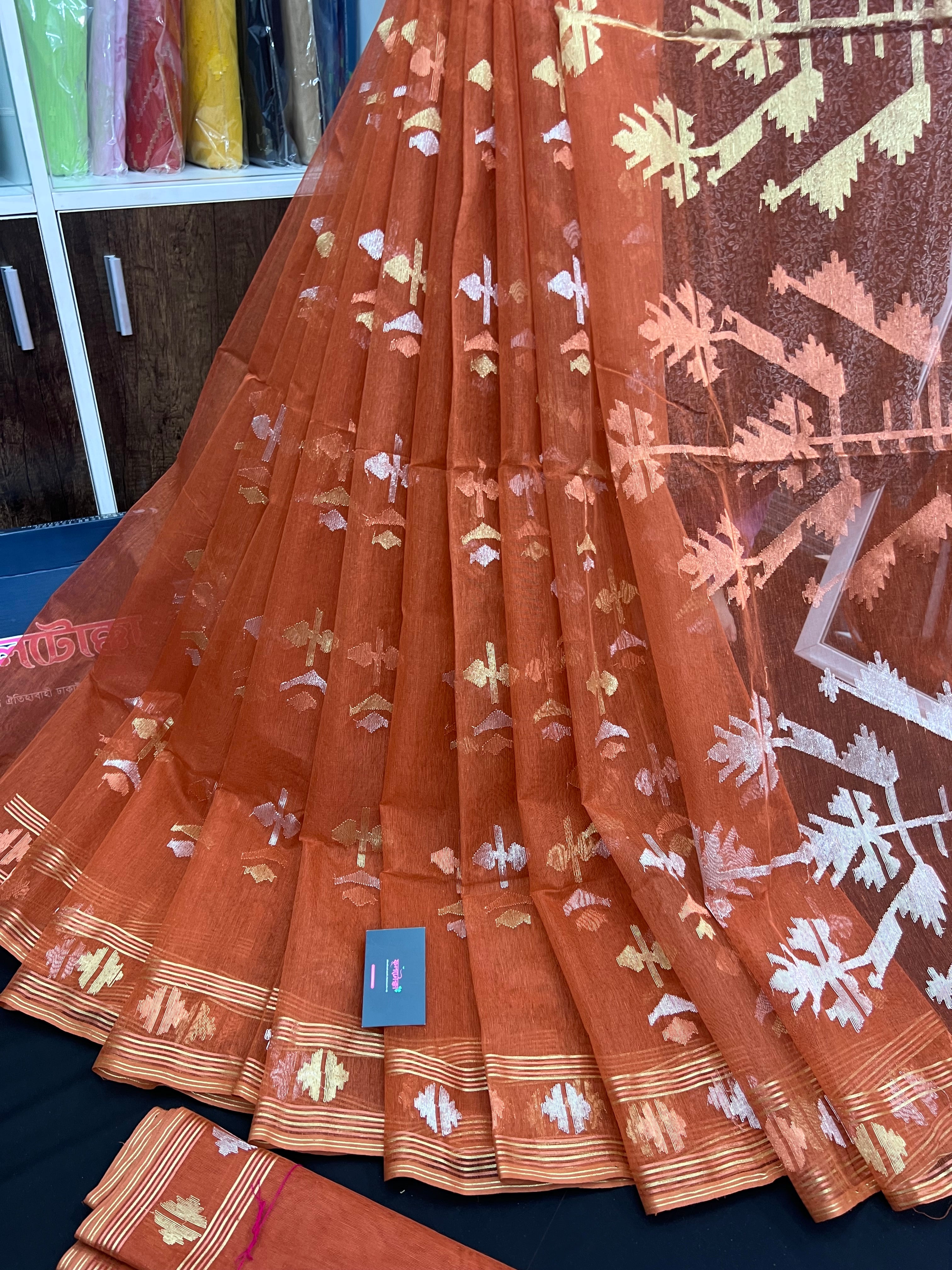 Brick orange halfsilk handloom original dhakai Jamdani saree with golden silver & copper jori work