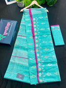 Aqua blue halfsilk handloom original dhakai jamdani saree with golden silver & copper jori work