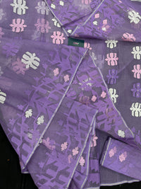 Lavender Jamdani Saree With White Pink Lavender Threads Work.