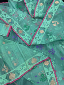 Bright Teal Blue dhakai Jamdani saree with pink border all over work soft count.