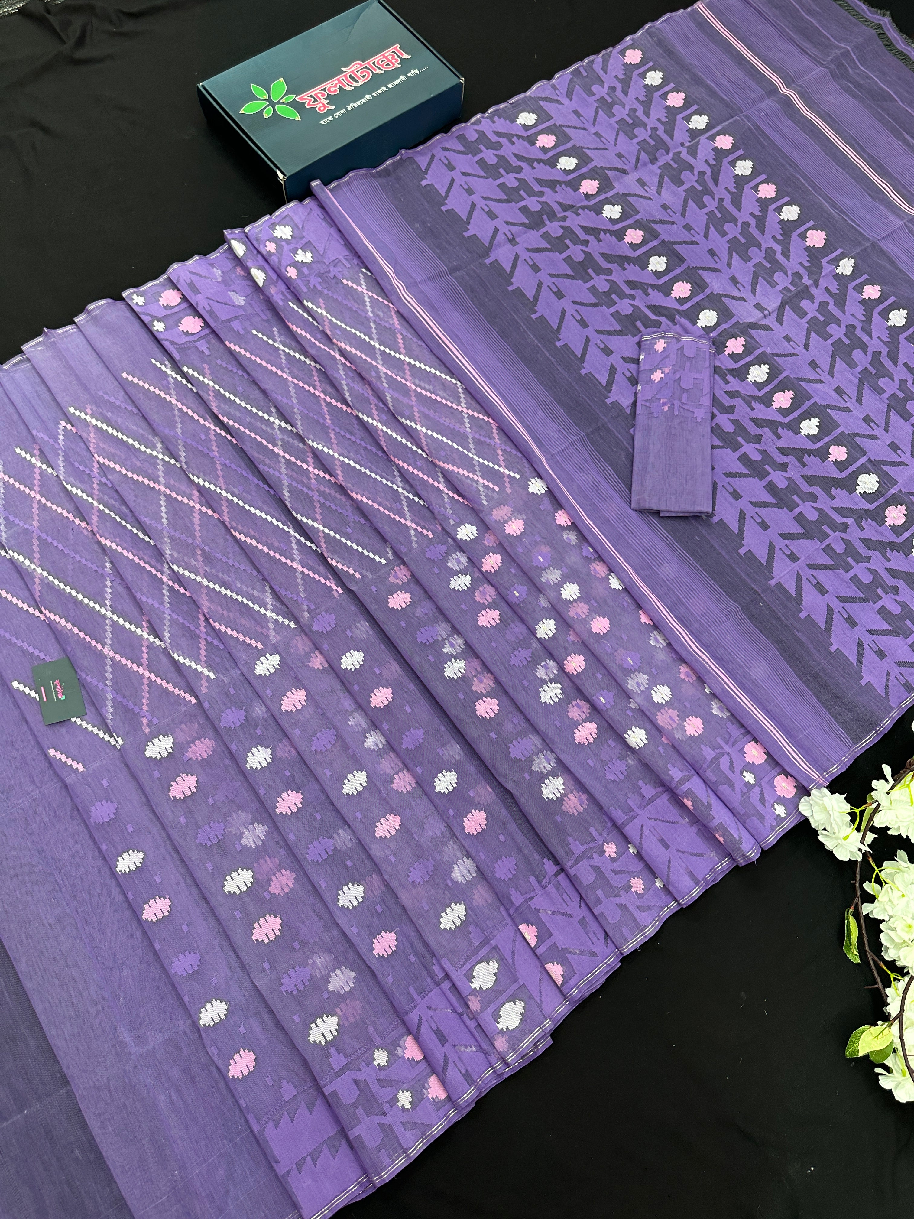 Deep Lavender Original Handloom Halfsilk Dhakai Jamdani Saree With Multiple Threads Work