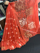 Brick colour halfsilk jamdani saree with self threads work and off white threads work