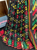 Black cotton jamdani saree with red green yellow multiple threads work