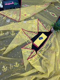 Pastel yellow dhakai jamdani saree with yellow threads silver & copper jori work all over work soft count.